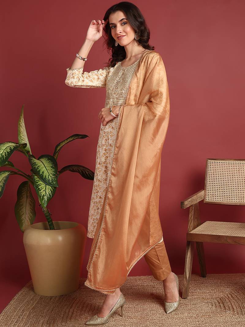 women brown viscose rayon abstract embroidered straight kurta trouser with dupatta