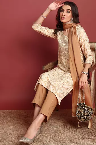 women brown viscose rayon abstract embroidered straight kurta trouser with dupatta
