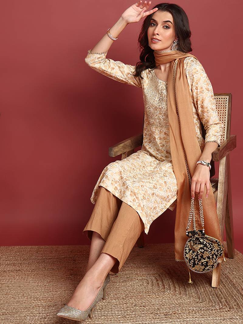 women brown viscose rayon abstract embroidered straight kurta trouser with dupatta