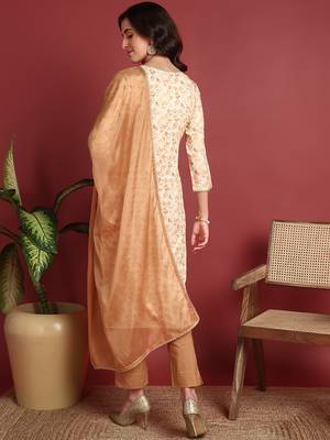 women brown viscose rayon abstract embroidered straight kurta trouser with dupatta 4