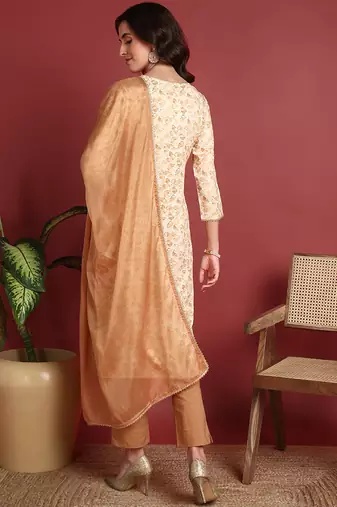 women brown viscose rayon abstract embroidered straight kurta trouser with dupatta