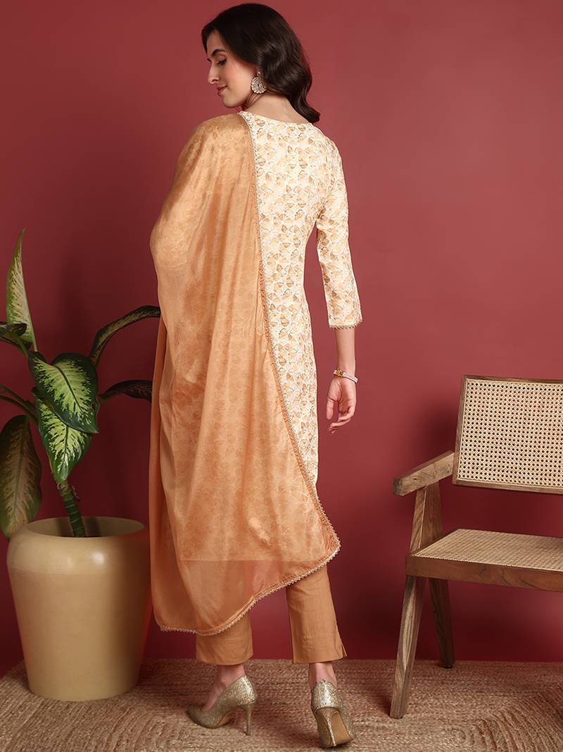 women brown viscose rayon abstract embroidered straight kurta trouser with dupatta