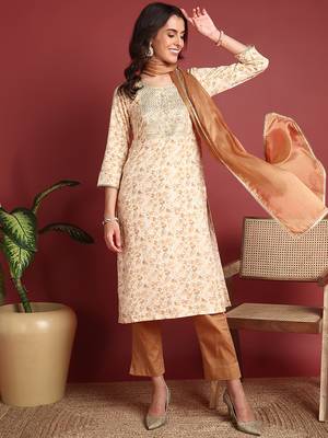 women brown viscose rayon abstract embroidered straight kurta trouser with dupatta 5