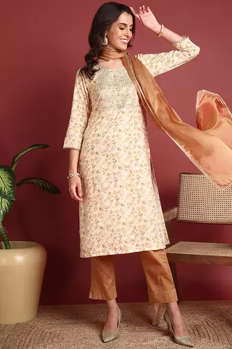 women brown viscose rayon abstract embroidered straight kurta trouser with dupatta