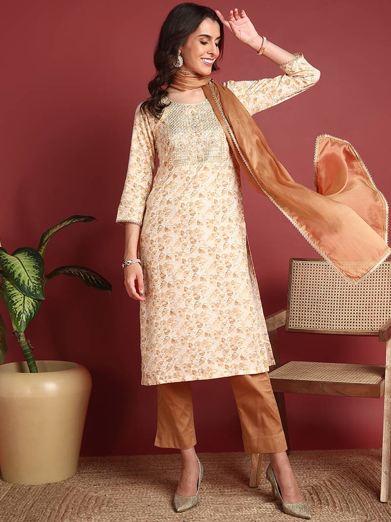 women brown viscose rayon abstract embroidered straight kurta trouser with dupatta
