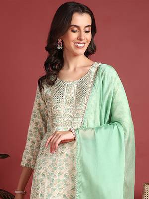 women green viscose rayon abstract embroidered straight kurta trouser with dupatta 1