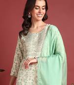 women green viscose rayon abstract embroidered straight kurta trouser with dupatta