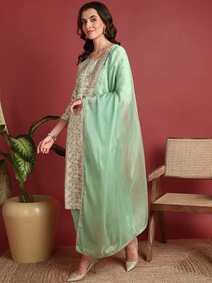 women green viscose rayon abstract embroidered straight kurta trouser with dupatta 2