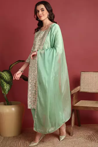 women green viscose rayon abstract embroidered straight kurta trouser with dupatta