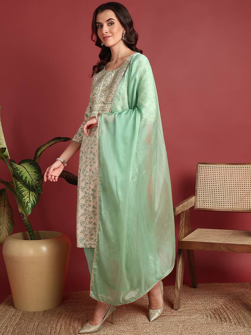 women green viscose rayon abstract embroidered straight kurta trouser with dupatta
