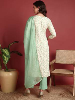 women green viscose rayon abstract embroidered straight kurta trouser with dupatta 3