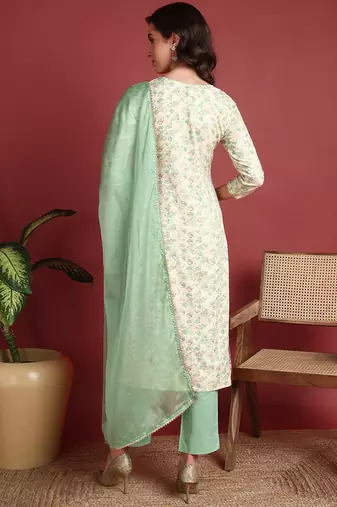 women green viscose rayon abstract embroidered straight kurta trouser with dupatta