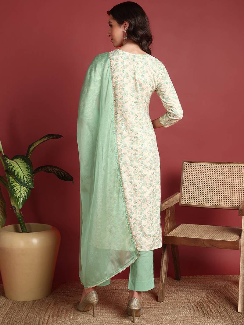 women green viscose rayon abstract embroidered straight kurta trouser with dupatta