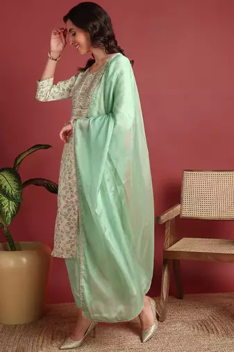 women green viscose rayon abstract embroidered straight kurta trouser with dupatta