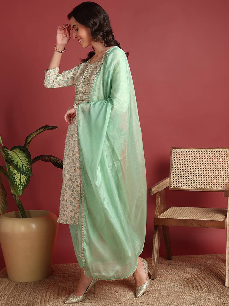 women green viscose rayon abstract embroidered straight kurta trouser with dupatta