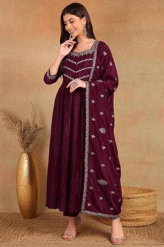 women purple silk blend solid embroidered anarkali kurta trouser with dupatta