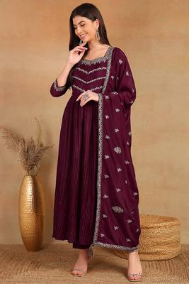 women purple silk blend solid embroidered anarkali kurta trouser with dupatta 1