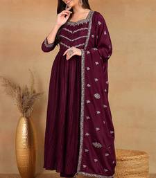 women purple silk blend solid embroidered anarkali kurta trouser with dupatta
