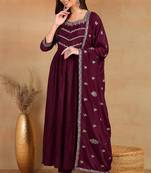 women purple silk blend solid embroidered anarkali kurta trouser with dupatta
