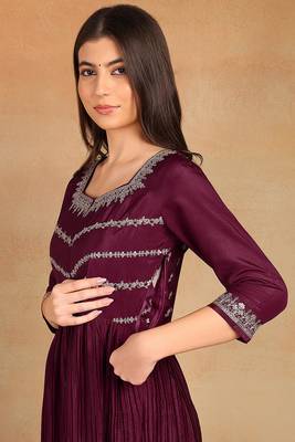 women purple silk blend solid embroidered anarkali kurta trouser with dupatta 2