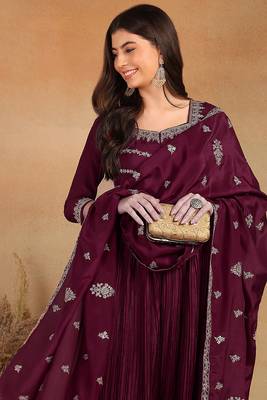 women purple silk blend solid embroidered anarkali kurta trouser with dupatta 3