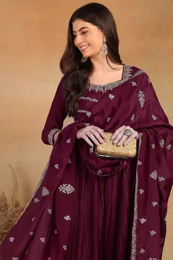 women purple silk blend solid embroidered anarkali kurta trouser with dupatta