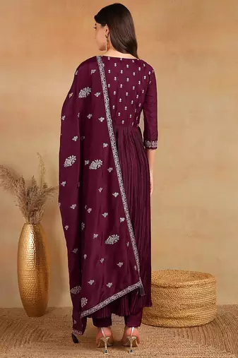 women purple silk blend solid embroidered anarkali kurta trouser with dupatta