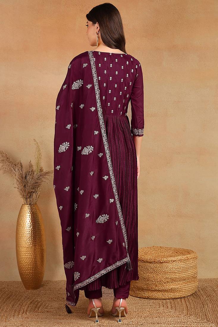 women purple silk blend solid embroidered anarkali kurta trouser with dupatta