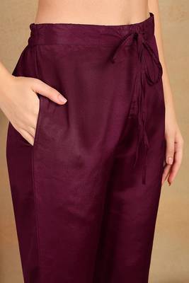 women purple silk blend solid embroidered anarkali kurta trouser with dupatta 5