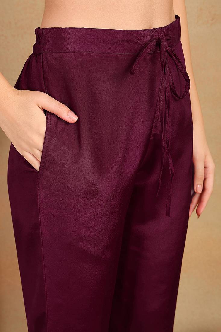 women purple silk blend solid embroidered anarkali kurta trouser with dupatta