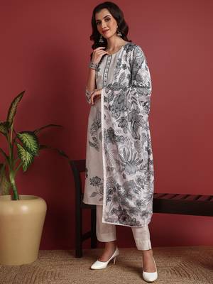 women off white silk blend floral printed straight kurta trouser with dupatta 2