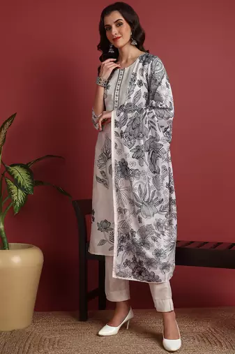 women off white silk blend floral printed straight kurta trouser with dupatta