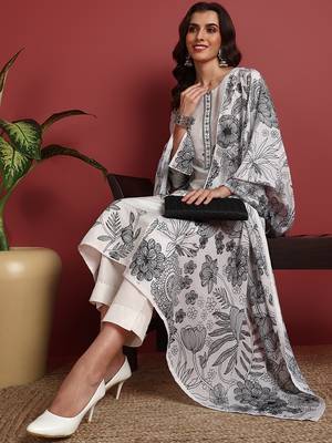 women off white silk blend floral printed straight kurta trouser with dupatta 3