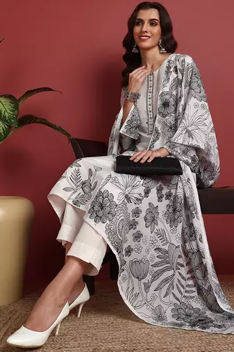 women off white silk blend floral printed straight kurta trouser with dupatta