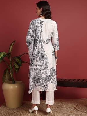 women off white silk blend floral printed straight kurta trouser with dupatta 4