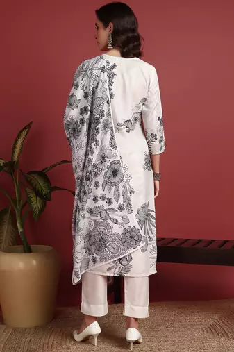 women off white silk blend floral printed straight kurta trouser with dupatta