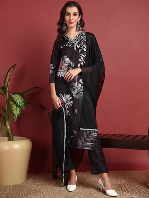 women black silk blend floral printed straight kurta trouser with dupatta 1
