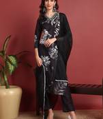 women black silk blend floral printed straight kurta trouser with dupatta