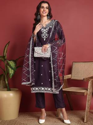 women purple silk blend solid embroidered straight kurta trouser with dupatta 1