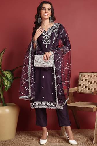 women purple silk blend solid embroidered straight kurta trouser with dupatta