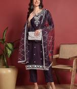 women purple silk blend solid embroidered straight kurta trouser with dupatta