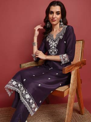 women purple silk blend solid embroidered straight kurta trouser with dupatta 2