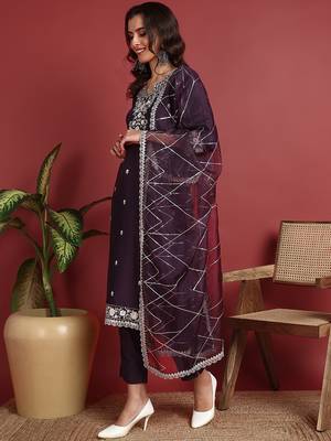 women purple silk blend solid embroidered straight kurta trouser with dupatta 3