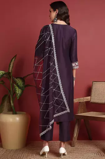 women purple silk blend solid embroidered straight kurta trouser with dupatta