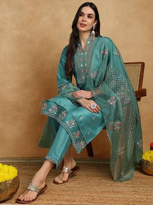 teal silk blend solid embroidered straight kurta trouser with dupatta 1