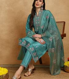 teal silk blend solid embroidered straight kurta trouser with dupatta
