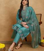 teal silk blend solid embroidered straight kurta trouser with dupatta