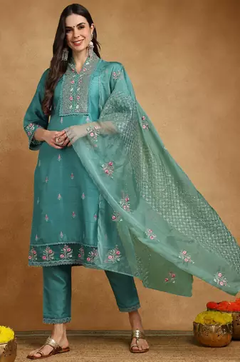 teal silk blend solid embroidered straight kurta trouser with dupatta