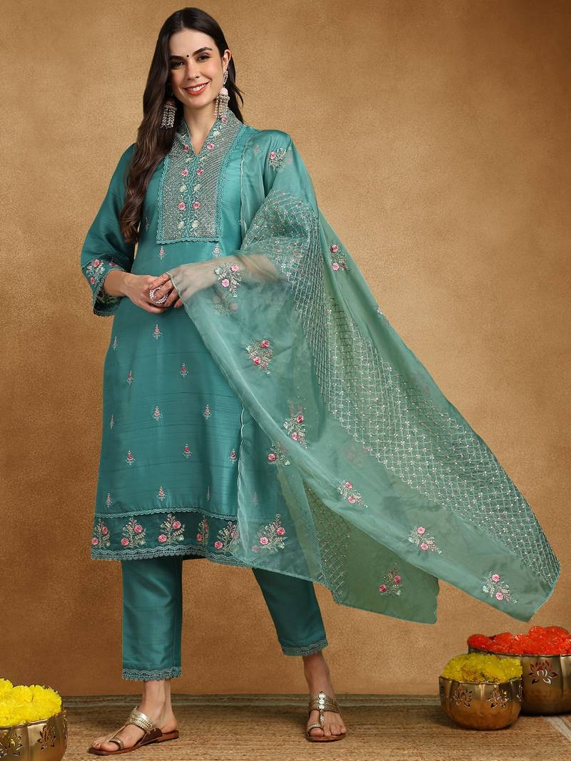 teal silk blend solid embroidered straight kurta trouser with dupatta