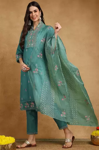 teal silk blend solid embroidered straight kurta trouser with dupatta